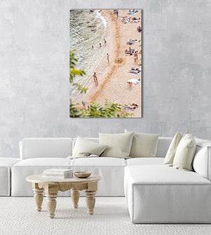 Playa Es Codolar beach goers and swimmers in an acrylic/perspex frame