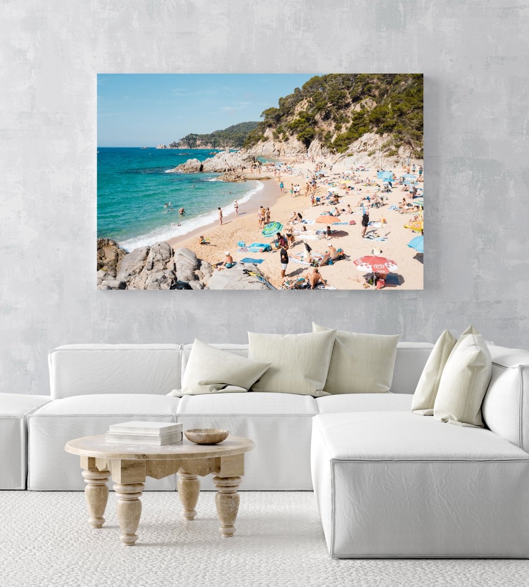 Packed beach along Costa Brava in an acrylic/perspex frame