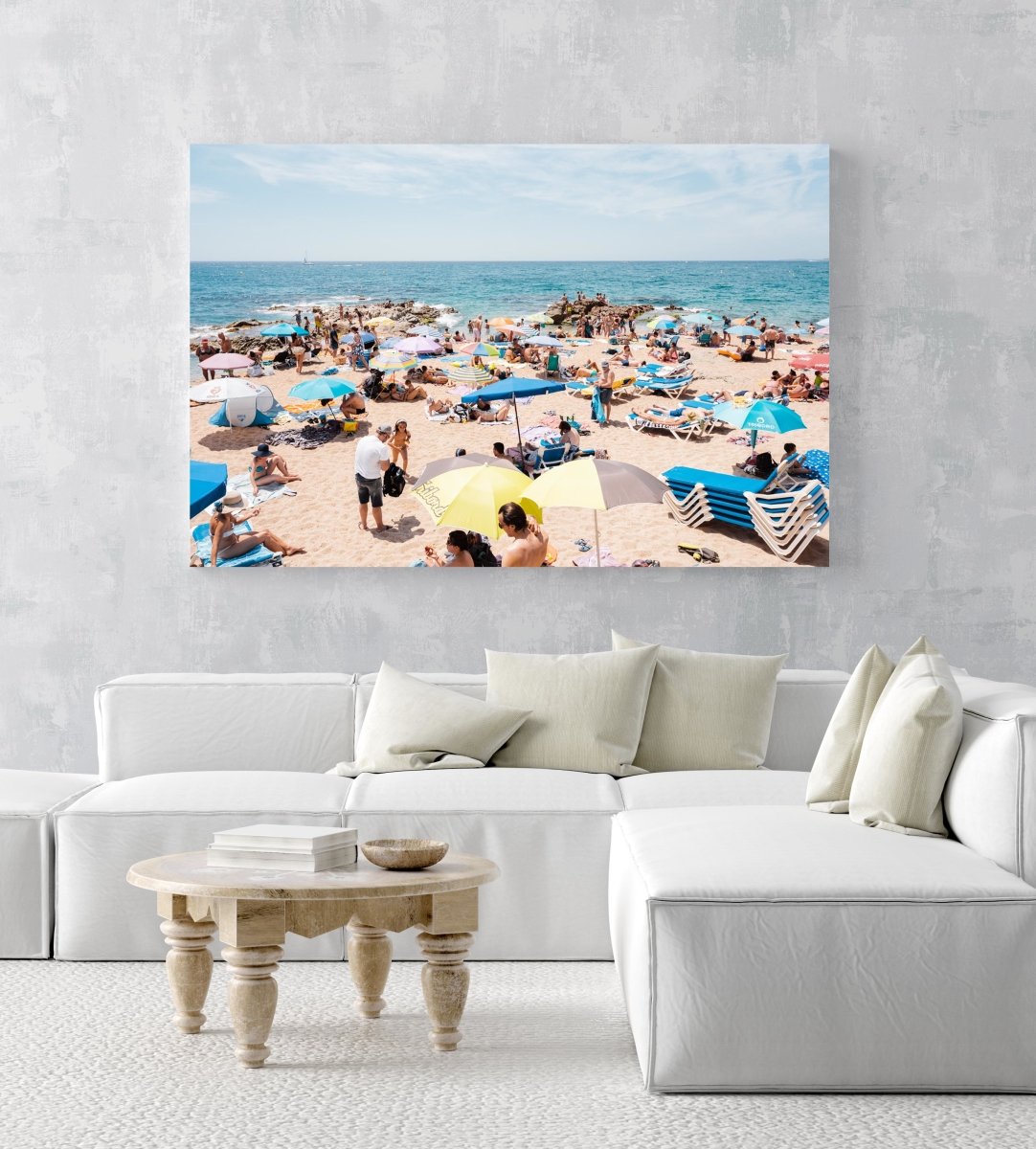 Lloret de Mar beach full of people and umbrellas in an acrylic/perspex frame