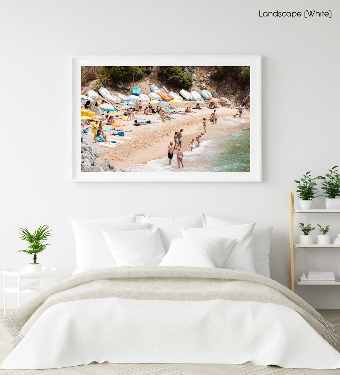 Colorful boats, umbrellas and people lying on beach in a white fine art frame