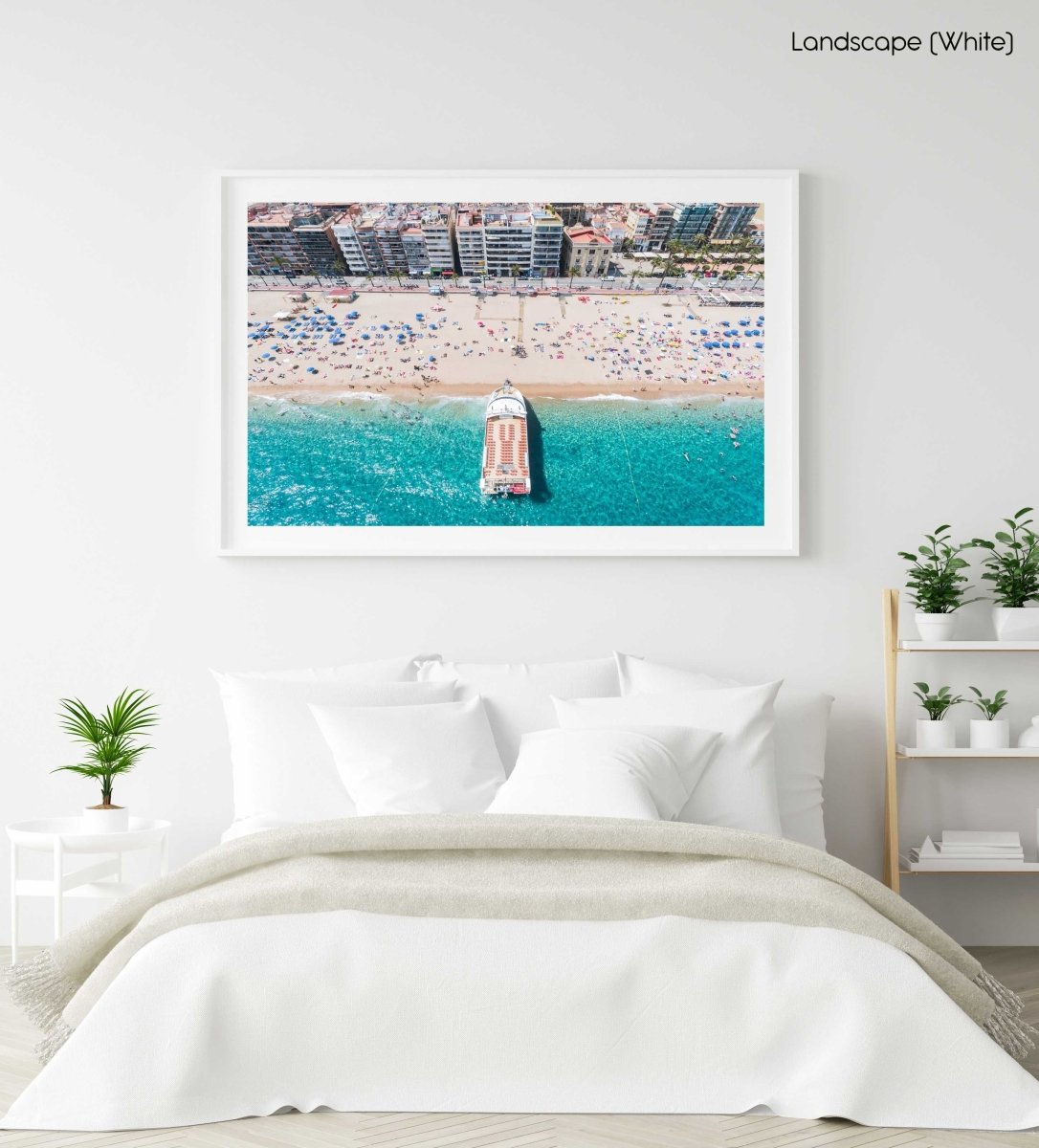 Big boat parked off on Lloret de Mar beach from above in a white fine art frame