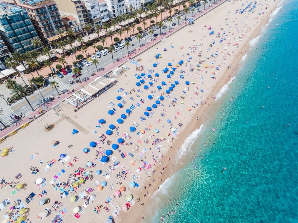 Lloret de Mar beach, palm trees and the main road from above