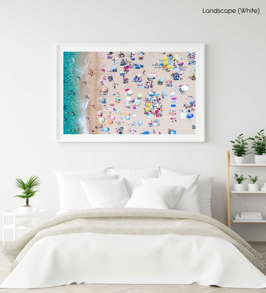 Very crowded Lloret de Mar beach from above with blue water, colorful towels and umbrellas in a white fine art frame