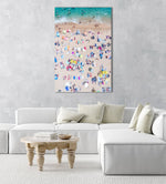 Very crowded Lloret de Mar beach from above with blue water, colorful towels and umbrellas in a natural fine art frame