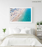 People swimming and having fun in blue water of Lloret de Mar in a white fine art frame