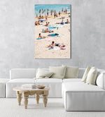 People tanning, swimmers and umbrellas at a beach in Cascais Portugal in an acrylic/perspex frame