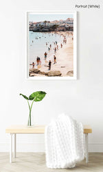 Lots of people along the water and beach in Cascais in a white fine art frame