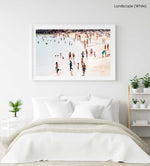People playing and swimming on Cascais beach Portugal in a white fine art frame