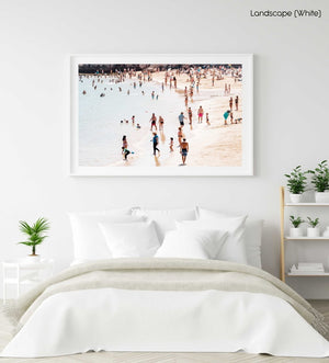 People playing and swimming on Cascais beach Portugal in a white fine art frame
