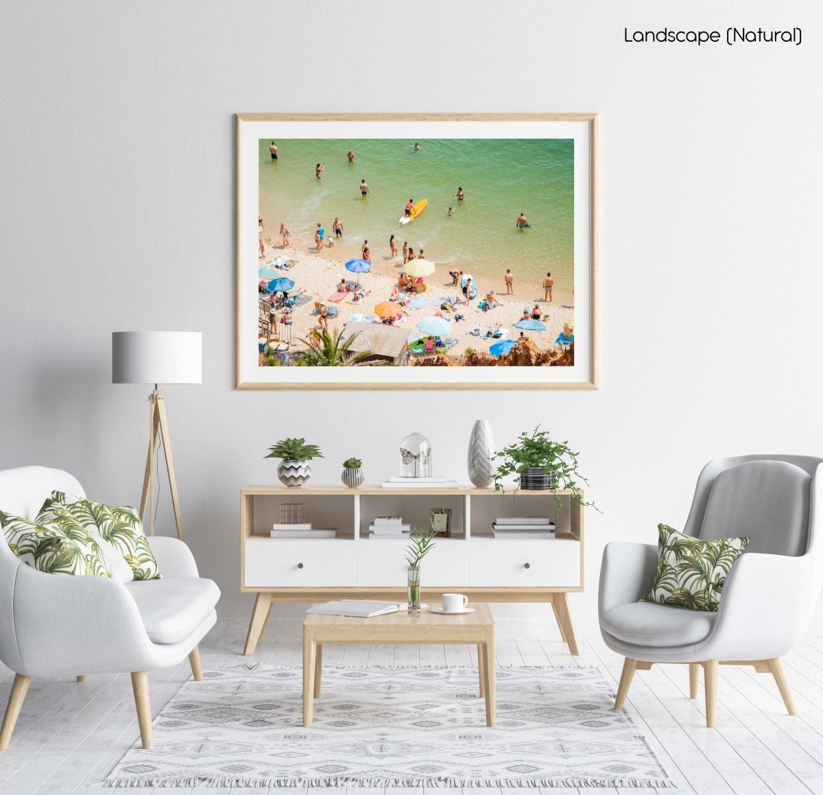 Colorful boards, people, water and sand on Praia do Camilo Lagos in a natural fine art frame