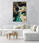 Aerial of a tour boat in caves along Ponta da Piedade in a natural fine art frame