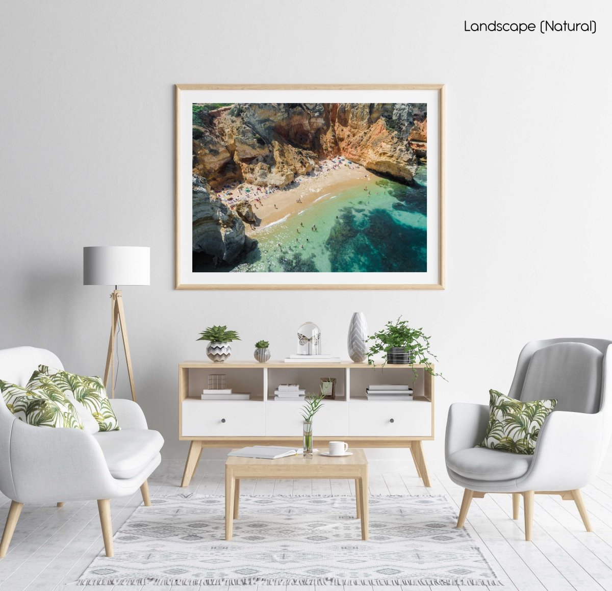 Aerial of clear water and cliffs at Camilo beach in Lagos in a natural fine art frame