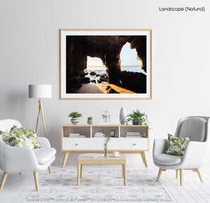Sunrise light shining through caves in Lagos in a natural fine art frame