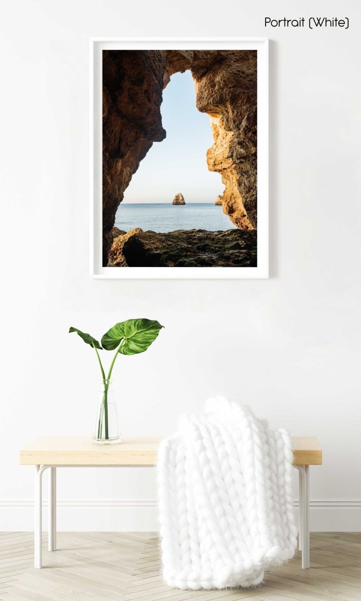 View out of a grotto in Lagos out to sea and cliff