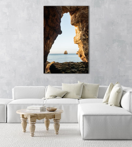 View out of a grotto in Lagos out to sea and cliff