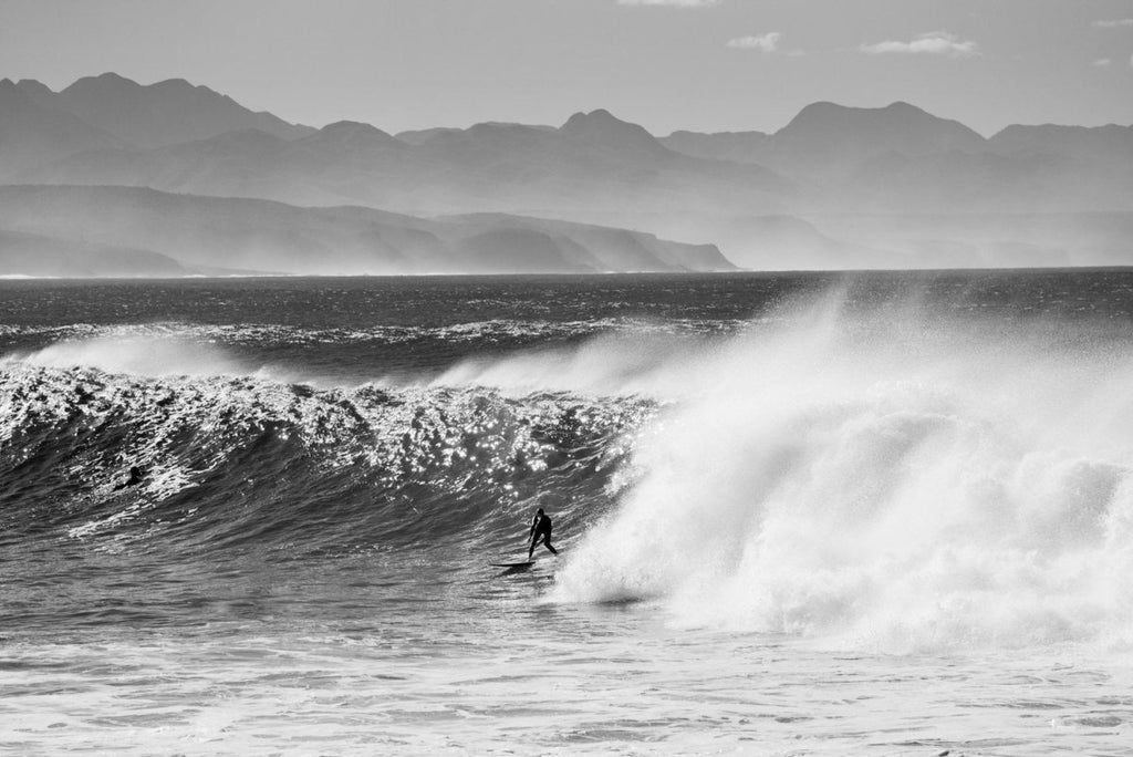 Black and white image of surfing at Lookout Beach