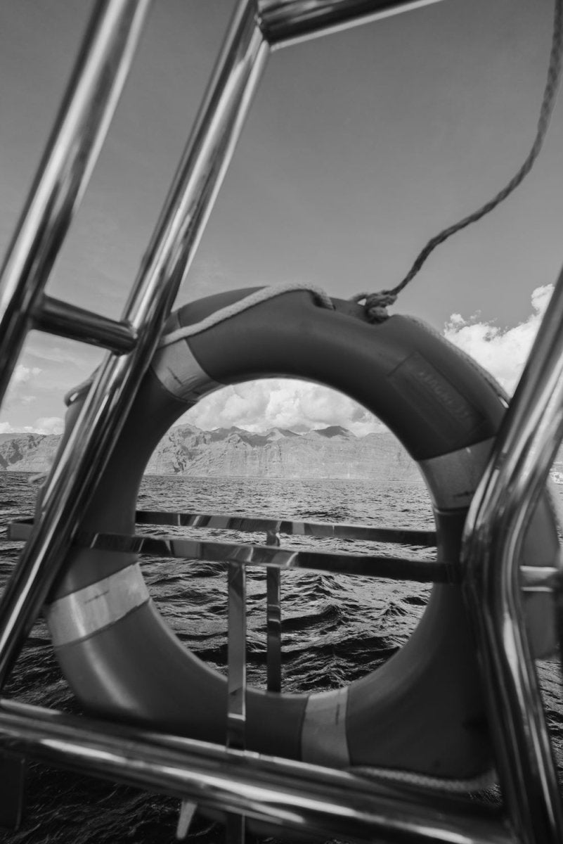 Life ring buoy on a boat in the ocean in tenerife.