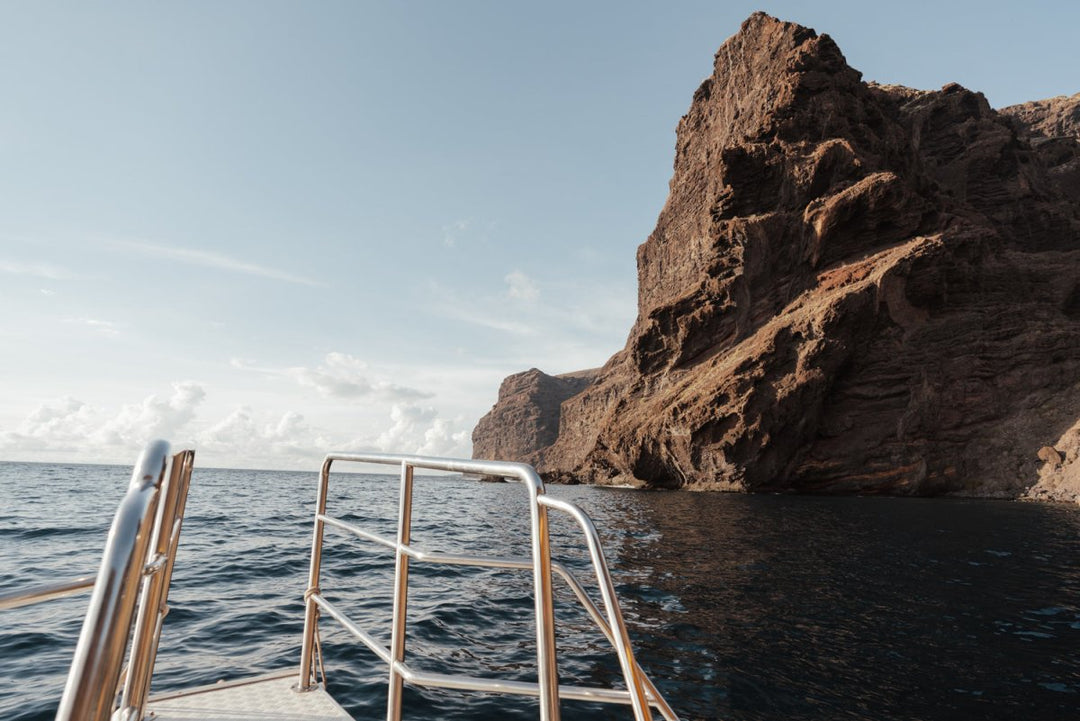 Sunset on a boat overlooking the ocean and mountain with a ladder.