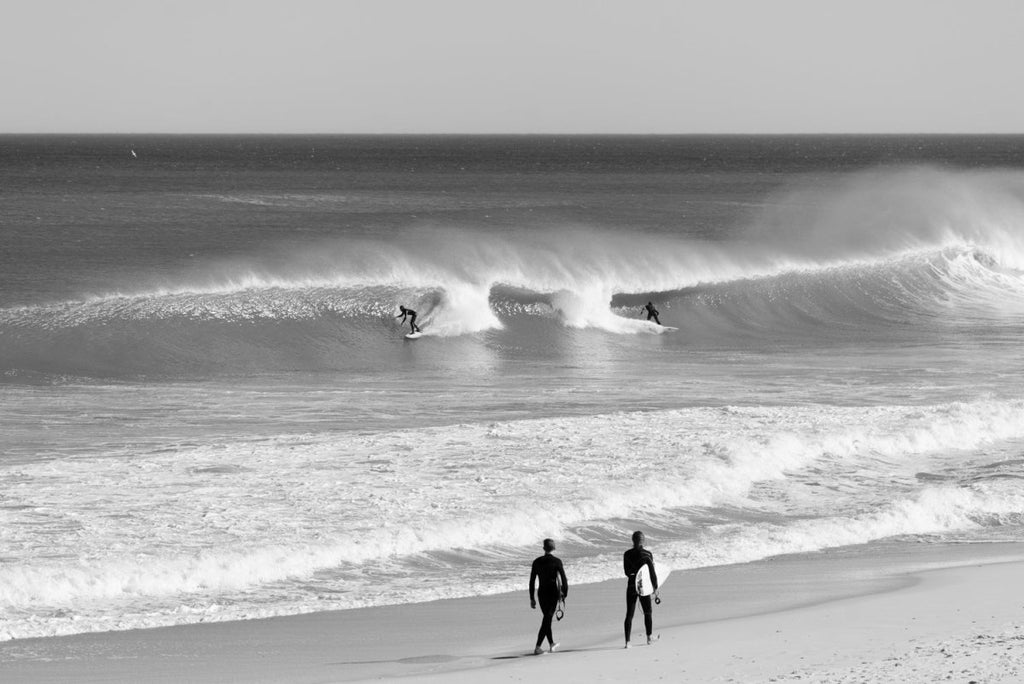 Two surfers walking on beach watching surfers on waves in black and white